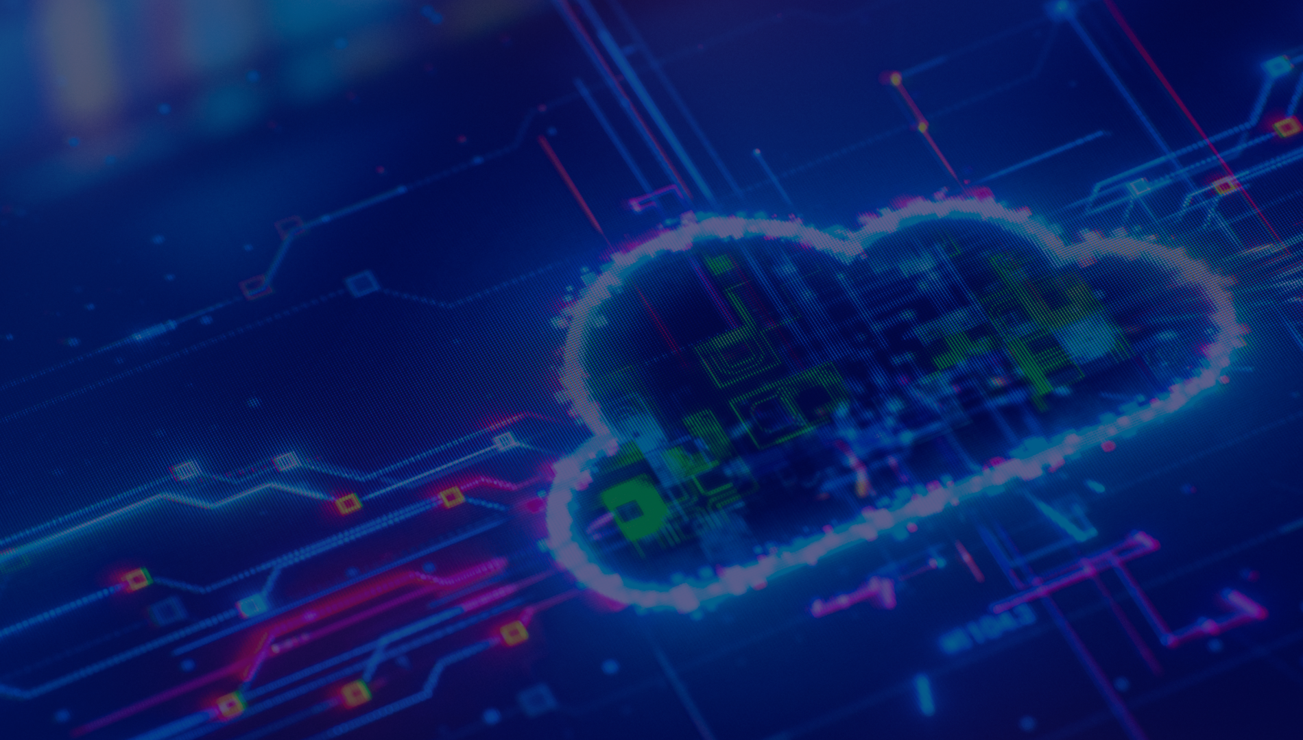 Cloud Concept Digital cloud graphic on a dark blue background, surrounded by neon circuit lines and nodes. The vibrant design suggests connectivity and technology.