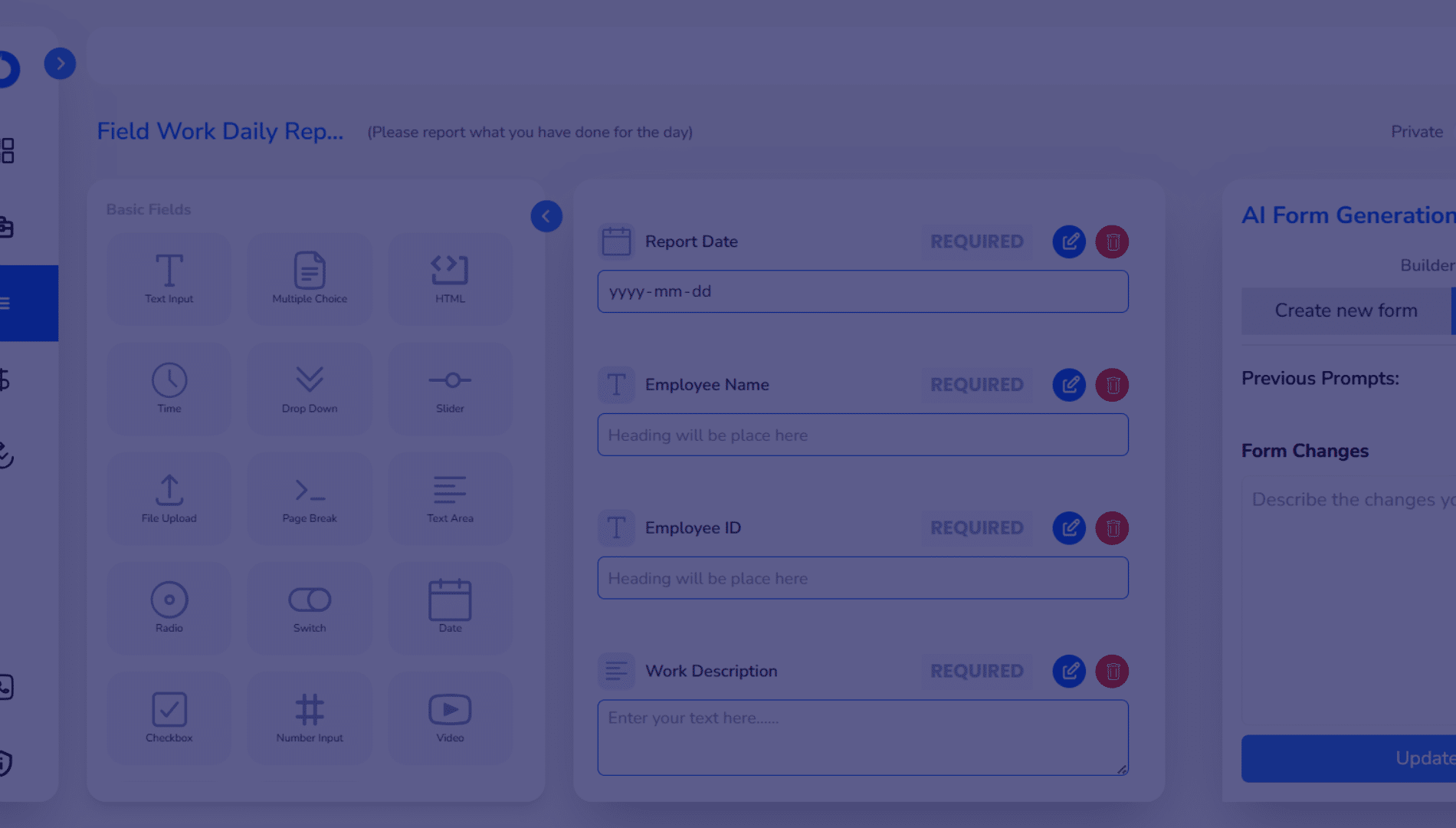 iSmartWorks Background A digital form interface titled "Field Work Daily Report" displays entry fields for report date, employee name, ID, and work description. The layout includes options for drag-and-drop features and AI-prompts